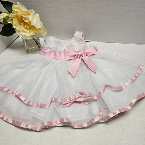 Rare Edition Girls Infant Toddler Pink White Satin bow Flower Dress Sleeveless 9 - Picture 3 of 16